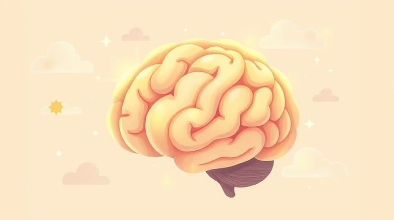 Ilustracja mózgu: złote światło nadziei kształtowane przez spokojne bariery.