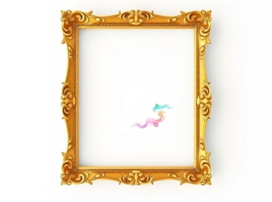 Minimalistyczna, surrealistyczna złota rama na białym tle z eteryczną mgiełką.