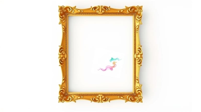 Minimalistyczna, surrealistyczna złota rama na białym tle z eteryczną mgiełką.