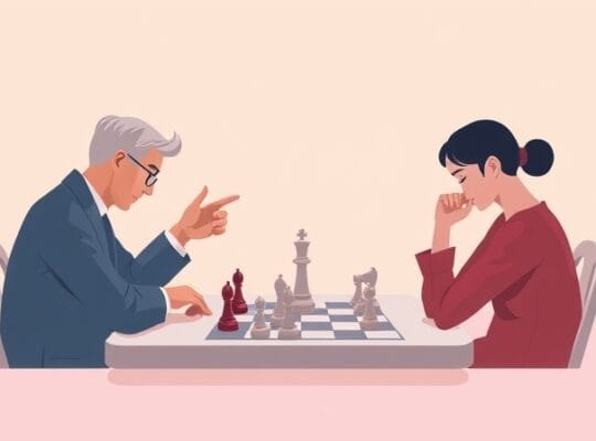 Minimalistyczna ilustracja pastelowej gry w szachy, gracze skupieni, subtelne zmiany wokół.