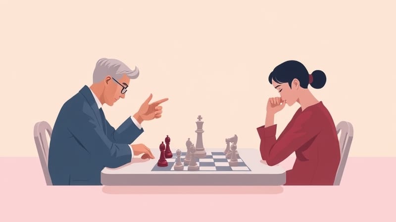 Minimalistyczna ilustracja pastelowej gry w szachy, gracze skupieni, subtelne zmiany wokół.