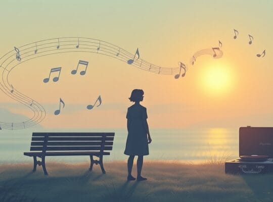 Surrealistyczna ilustracja pastelowych nut i wspomnień, tworząca melancholijną nostalgię.