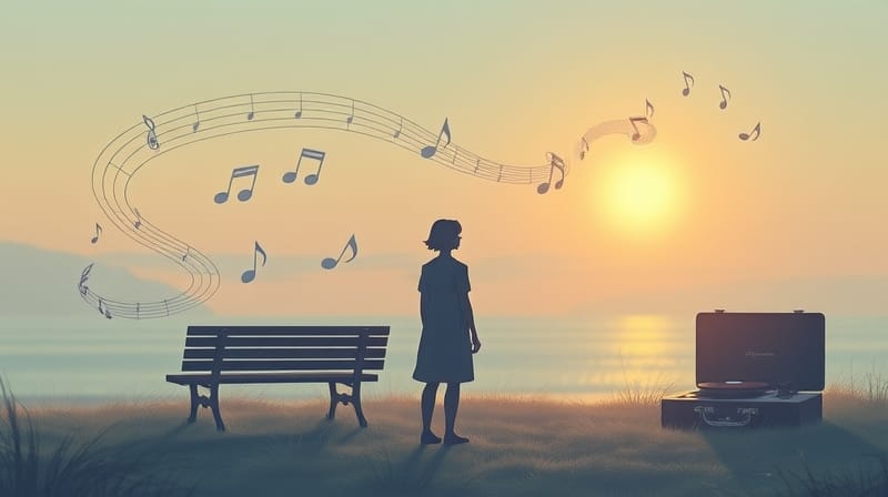 Surrealistyczna ilustracja pastelowych nut i wspomnień, tworząca melancholijną nostalgię.