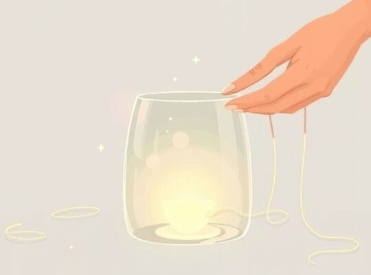 Delikatne naczynie szklane wypełniane światłem, z lecącymi nićmi, symbol życia.