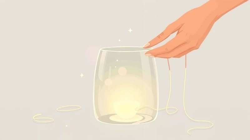 Delikatne naczynie szklane wypełniane światłem, z lecącymi nićmi, symbol życia.