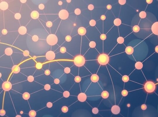 Symboliczna sieć neuronowa: pastelowe obszary mózgu, delikatne świetliste nici, złoty pas serotoniną.