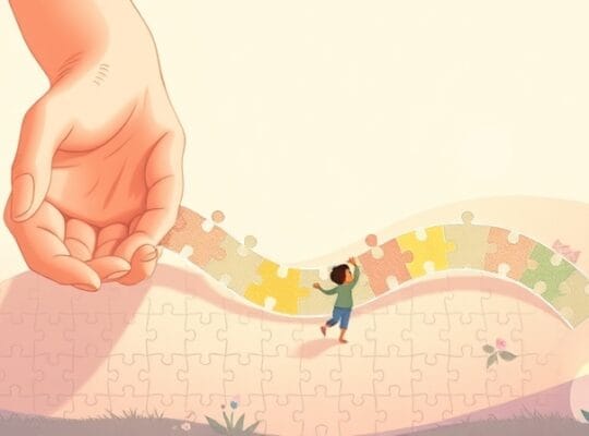 Czarne ręce układają kolorową ścieżkę z puzzli dla niepewnego dziecka.