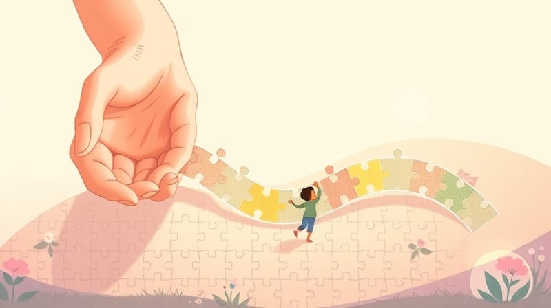 Czarne ręce układają kolorową ścieżkę z puzzli dla niepewnego dziecka.