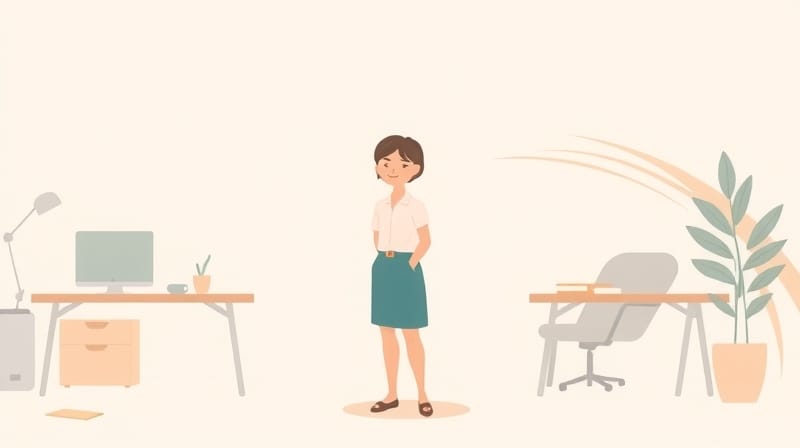 Minimalistyczna ilustracja pastelowa: postać w spokoju pośród subtelnych elementów biurowych, emanująca pewnością.