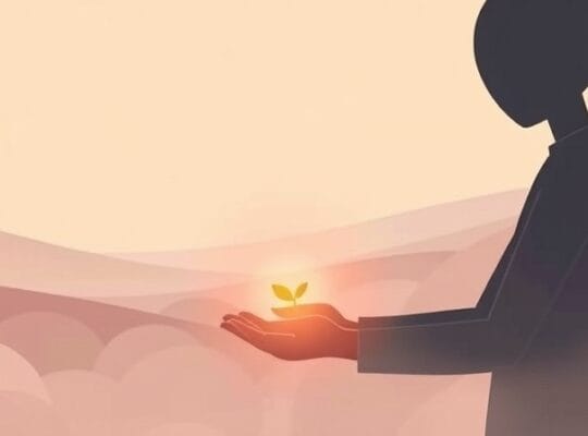 Samotna postać pielęgnuje świecący kiełek siły w mglistej, pastelowej scenerii.