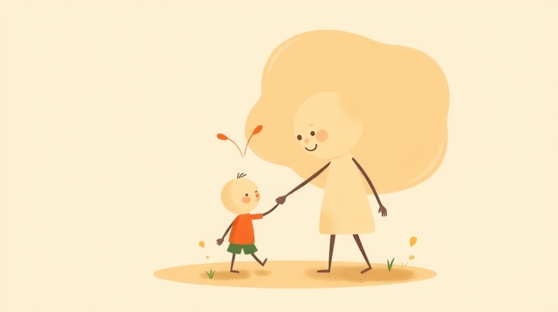 Dwie abstrakcyjne postacie, duża i mała, trzymają się za ręce w pastelowych, kojących barwach.