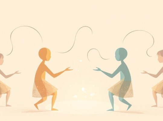 Abstrakcyjne, pastelowe postacie łączą się świetlistymi mackami, symbolizując komunikację potrzeb w zespole.