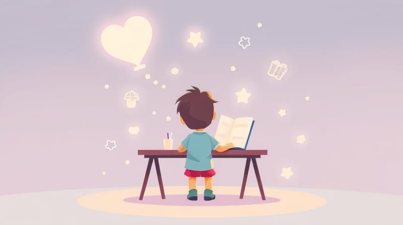 Dziecko skupione przy biurku, otoczone łagodnym światłem symbolizującym proces myśli.