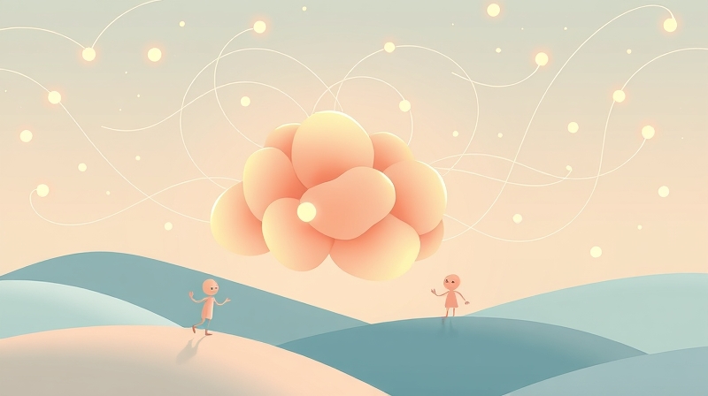 Pastelowy, senny krajobraz z harmonijnymi, świetlistymi tkankami mózgu.