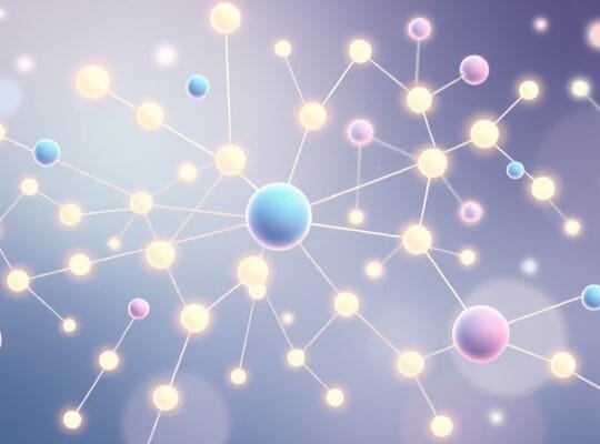 Abstrakcyjna sieć pastelowych neuronów z luminous kulkami, symbolizującymi serotoninę.