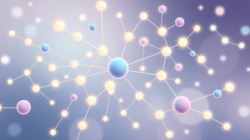 Abstrakcyjna sieć pastelowych neuronów z luminous kulkami, symbolizującymi serotoninę.