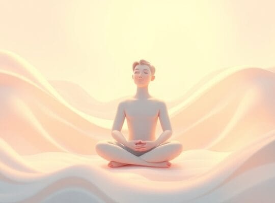 Postać w pastelowej poświacie, w geście spokoju, odzwierciedlająca wewnętrzną siłę.