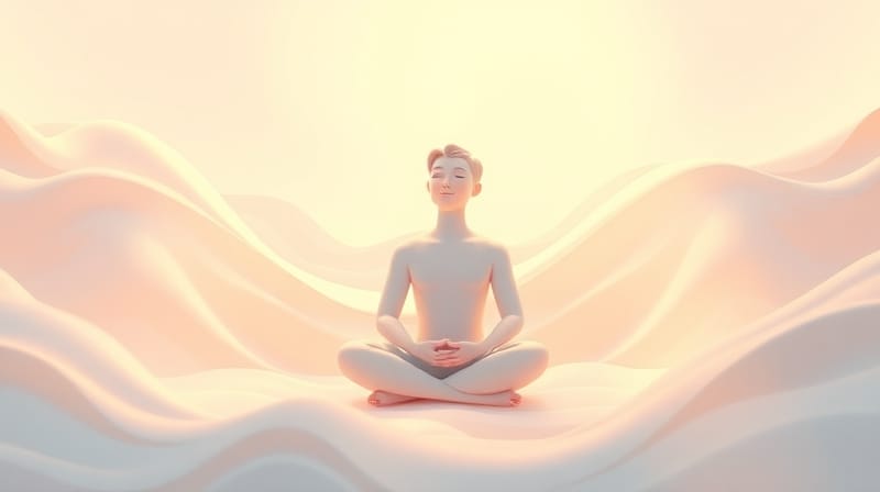 Postać w pastelowej poświacie, w geście spokoju, odzwierciedlająca wewnętrzną siłę.