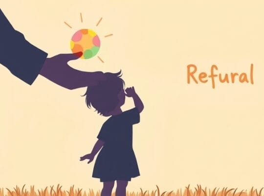 Dziecko w pastelowej ilustracji sięga ku kuli emocji, dorosły dłoń w geście wsparcia.