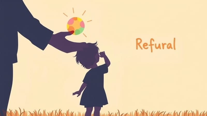 Dziecko w pastelowej ilustracji sięga ku kuli emocji, dorosły dłoń w geście wsparcia.