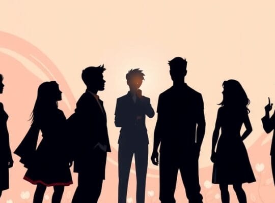 Ciemne sylwetki przyglądają się świetlistej postaci dokonującejmoralnego wyboru.