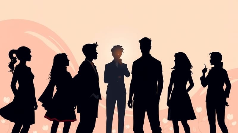 Ciemne sylwetki przyglądają się świetlistej postaci dokonującejmoralnego wyboru.