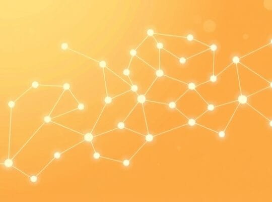 Stylizowana ilustracja sieci neuronowej w ciepłych barwach, symbolizująca korę ruchową i ruch.