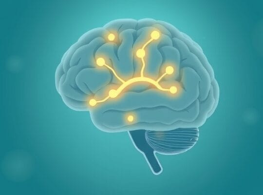 Stylizowany mózg z pastelowymi kolorami i złotą ścieżką noradrenaliny.