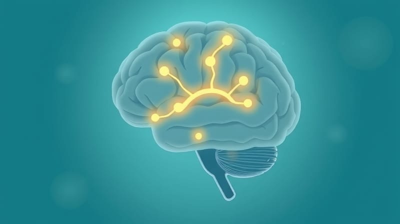 Stylizowany mózg z pastelowymi kolorami i złotą ścieżką noradrenaliny.