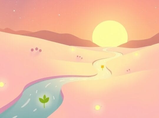 Ścieżka przez krainę marzeń, z symbolami nagród, prowadzi do ciepłego światła.