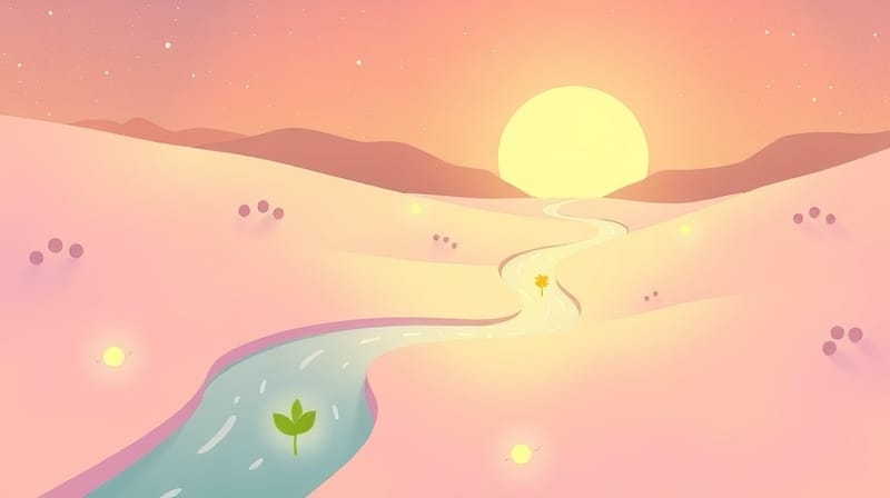 Ścieżka przez krainę marzeń, z symbolami nagród, prowadzi do ciepłego światła.