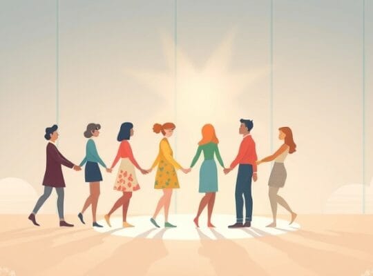 Stylizowany zespół tworzy świetlistą, wspierającą strukturę, emanując harmonią.