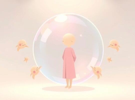 Ilustracja: postać w ochronnej bańce, subtelnie odizolowana od abstrakcyjnych kształtów zewnętrznych.