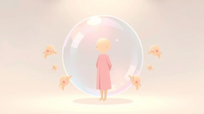 Ilustracja: postać w ochronnej bańce, subtelnie odizolowana od abstrakcyjnych kształtów zewnętrznych.