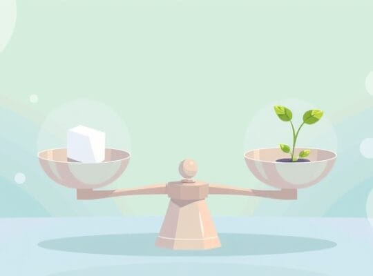 Delikatna waga: kostka cukru kontra kiełkująca roślina, symbolizujące równowagę.