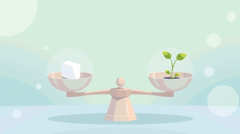 Delikatna waga: kostka cukru kontra kiełkująca roślina, symbolizujące równowagę.