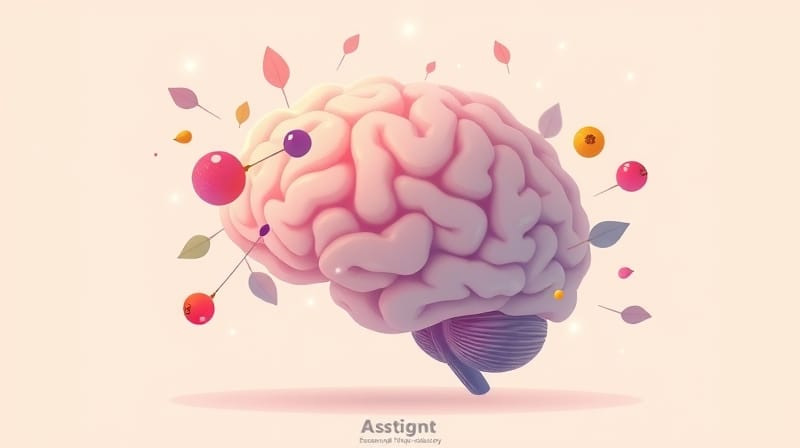 Stylizowany mózg otoczony łagodnymi, kolorowymi antyoksydantami, symbolizującymi regenerację i ochronę.