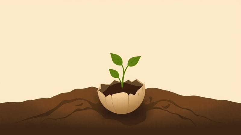 Symboliczne pęknięcie nasiona, z którego wyrasta silny, niepozorny siewka.