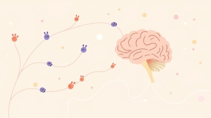 Ilustracja pastelowa: mikrobiota jelitowa i mózg, połączenie dopaminy.