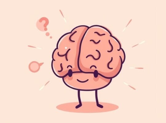 Ilustracja pastelowa: uśmiechnięty mózg z zagadkową myślą, symbolizuje zgubną pewność siebie.