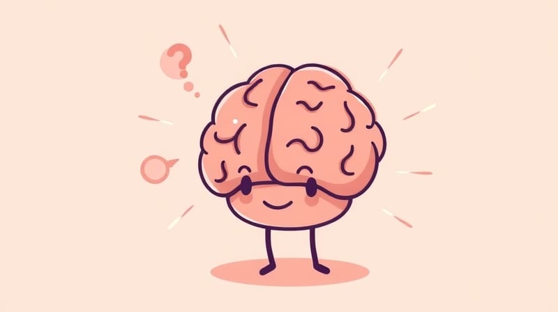 Ilustracja pastelowa: uśmiechnięty mózg z zagadkową myślą, symbolizuje zgubną pewność siebie.