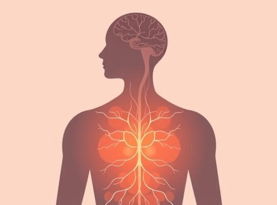 Stylizowana postać z liniami z klatki piersiowej i śladami neuronów, symbolizująca ból emocjonalny i fizyczny.