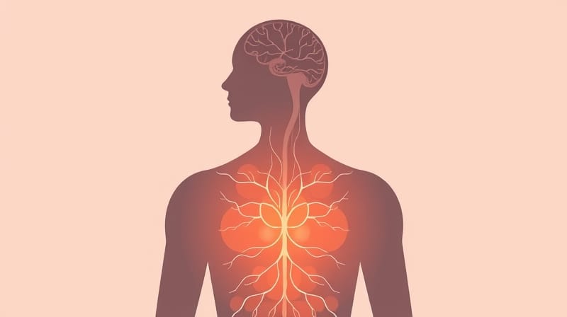 Stylizowana postać z liniami z klatki piersiowej i śladami neuronów, symbolizująca ból emocjonalny i fizyczny.