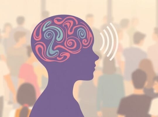 Sylwetka ludzka z wirującymi wzorami w głowie, odbierająca dźwięk z tłumu.