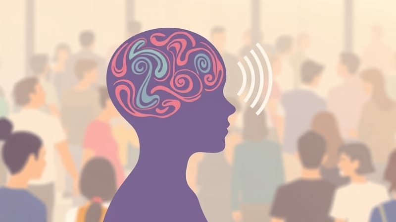 Sylwetka ludzka z wirującymi wzorami w głowie, odbierająca dźwięk z tłumu.