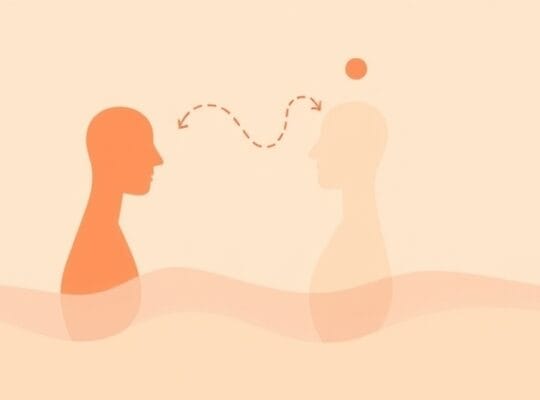 Dwóch zarysów ludzkich postaci, połączonych strumieniem uczuć i symbolicznymi kulkami.