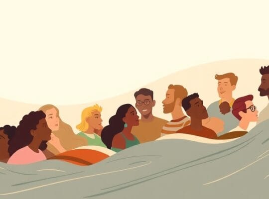 Stylizowane postacie płyną rzeką, odzwierciedlając presję grupy i wpływ na jednostkę.