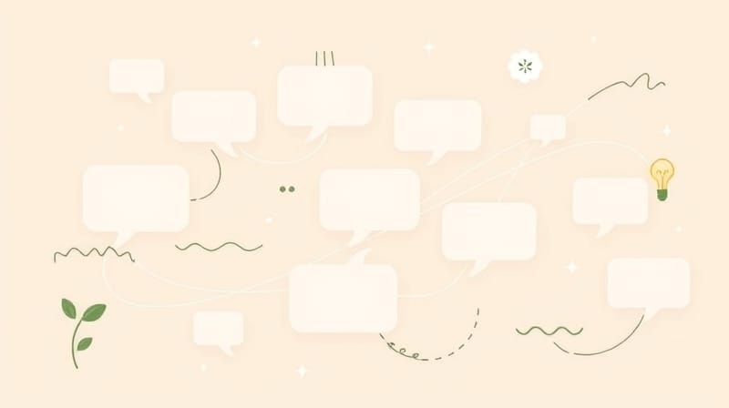 Abstrakcyjne, lekko świecące bąbelki myśli splecione świetlistymi liniami.