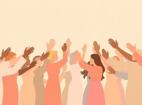 Abstrakcyjne postacie w pastelach podają sobie pomocne dłonie, symbolizując życzliwość.