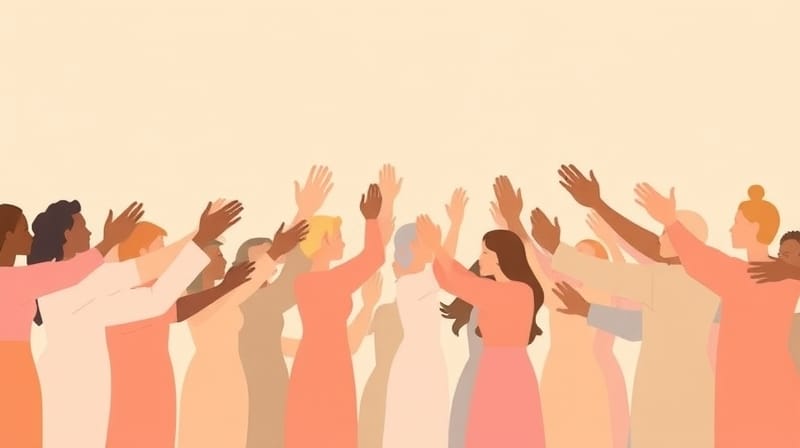 Abstrakcyjne postacie w pastelach podają sobie pomocne dłonie, symbolizując życzliwość.